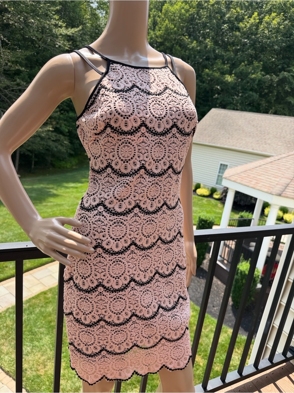 Guess Pink Lace Halter Dress with Black Trim